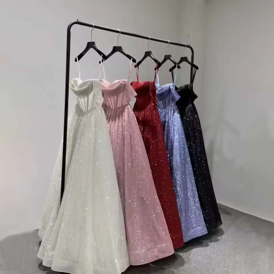 Customized Moden Prom Dress 2026 Glitter Tulle Off the Shoulder Wedding Party Dress Boat-neck A-line Floor-Length Evening Gowns view 6