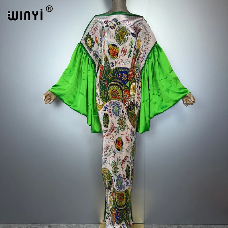 WINYI Bubble Sleeve Pleated Elastic Slim Dress Beach Wear Kaftan Abaya Dubai Luxury Party Long Dress Muslim Woman Evening Dress