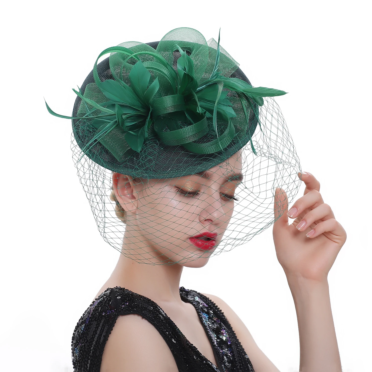 Ciężki splot Sinamay pętli welon i pióro Fascinator formalny kapelusz Kentucky Derby,Ascot, Melbourne Cup, kościół chluba