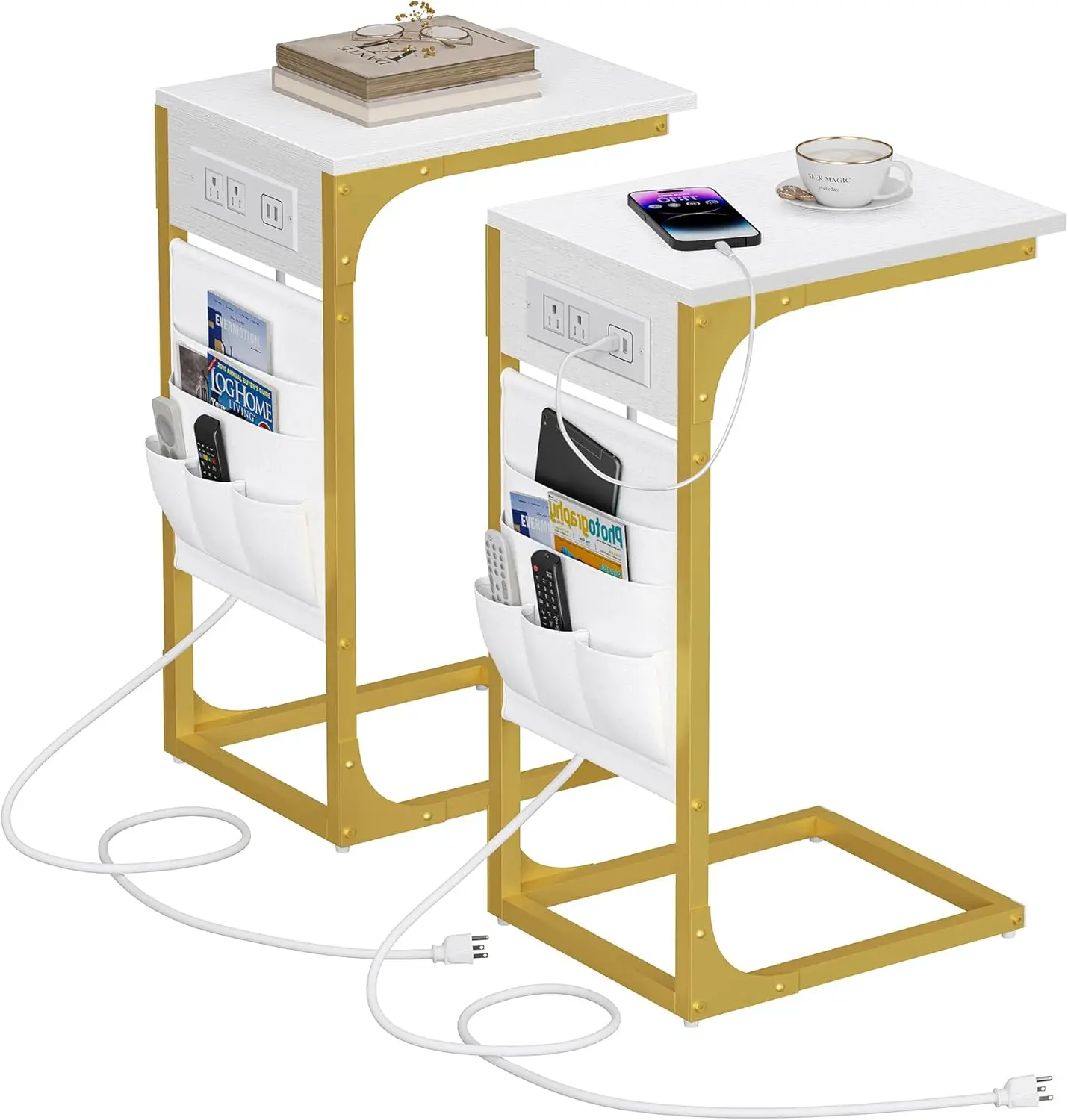 

C Shaped End Table with Charging Station, Side Table for Sofa, Couch Table with Storage Bag, Set of 2, TV Tray Table with 2 U