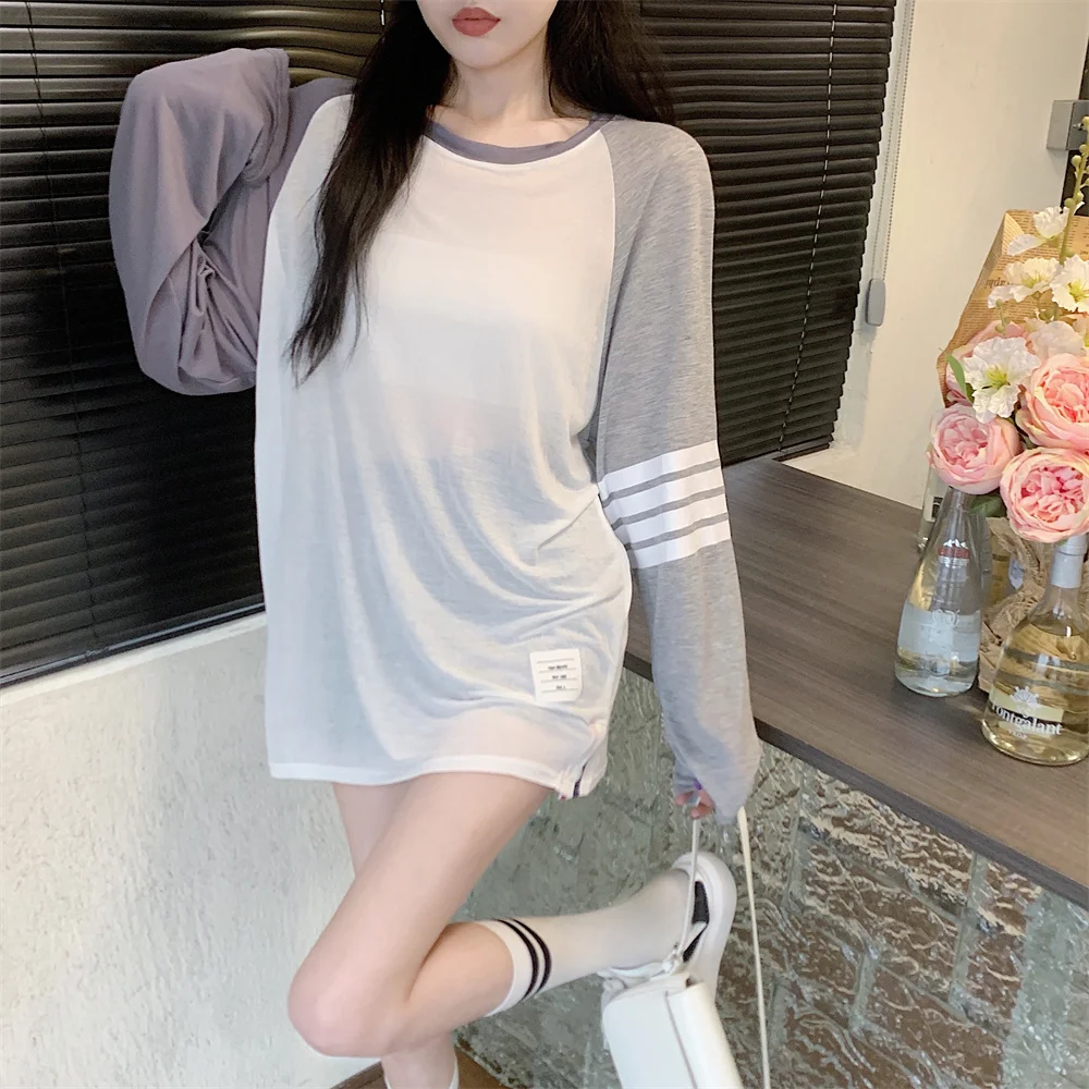 

Chic Retro Splice Elegant Long Sleeve Women's T-shirt Mid-Length Loose Air Conditioning Shirt Korean Style round Neck Top