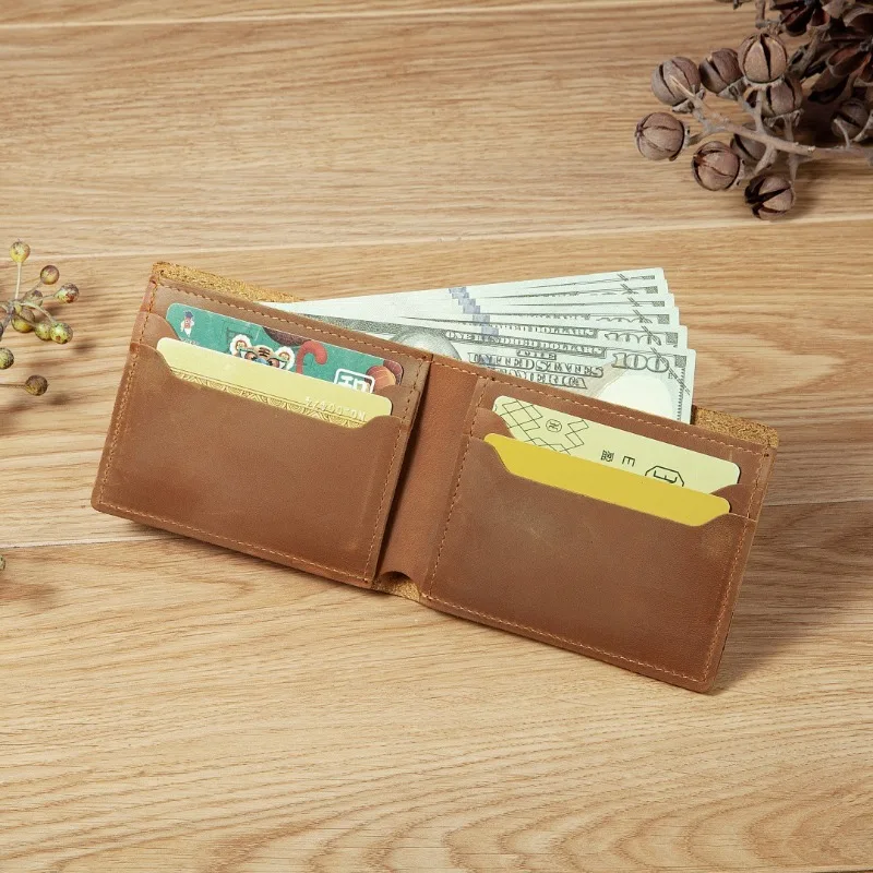 Slim Bifold Crazy Horse Leather Wallet, Thin Front Pocket Wallet with Card Slots, Minimalist Vintage Cowhide Short Purse for Men