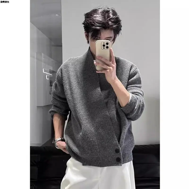 Cardigan Taoist Robe Sweater Men's Autumn Winter Style Loose Relaxed Flower Gray Sweater Jacket