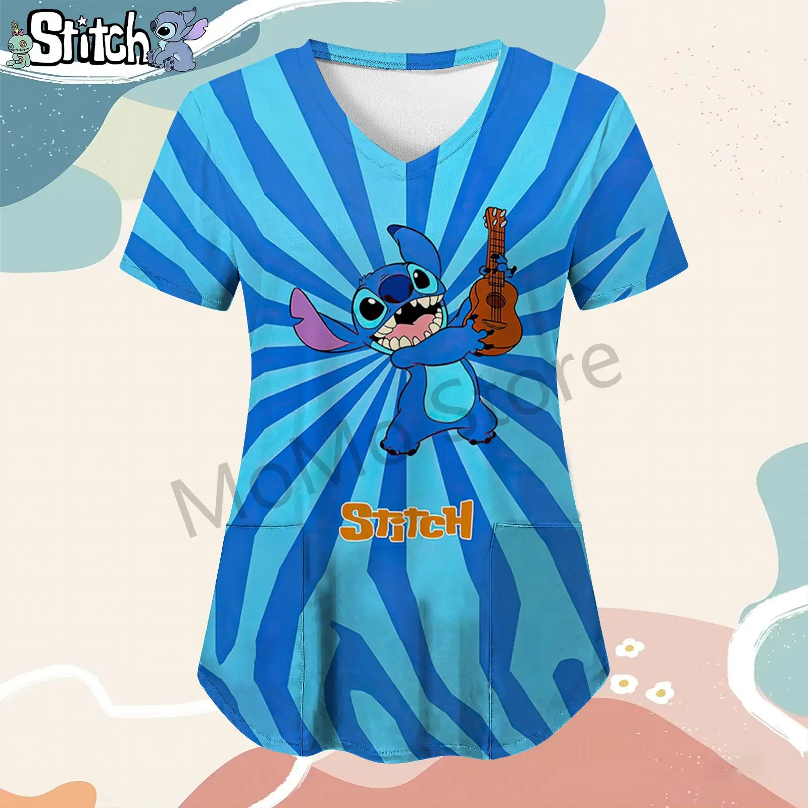 Pocket Kawaii Women's V Neck Nurse Uniform T-Shirt Disney Stitch Woman Clothing 2024 Tops Summer Street Wear Y2k S-2XL T-shirts