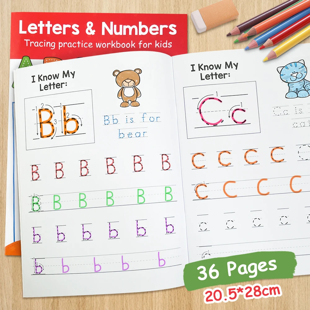 36Pages English 26 Letter & 0-9 NumbersTracing Practice Book workbook for Kid Children Learning education Materials Homework