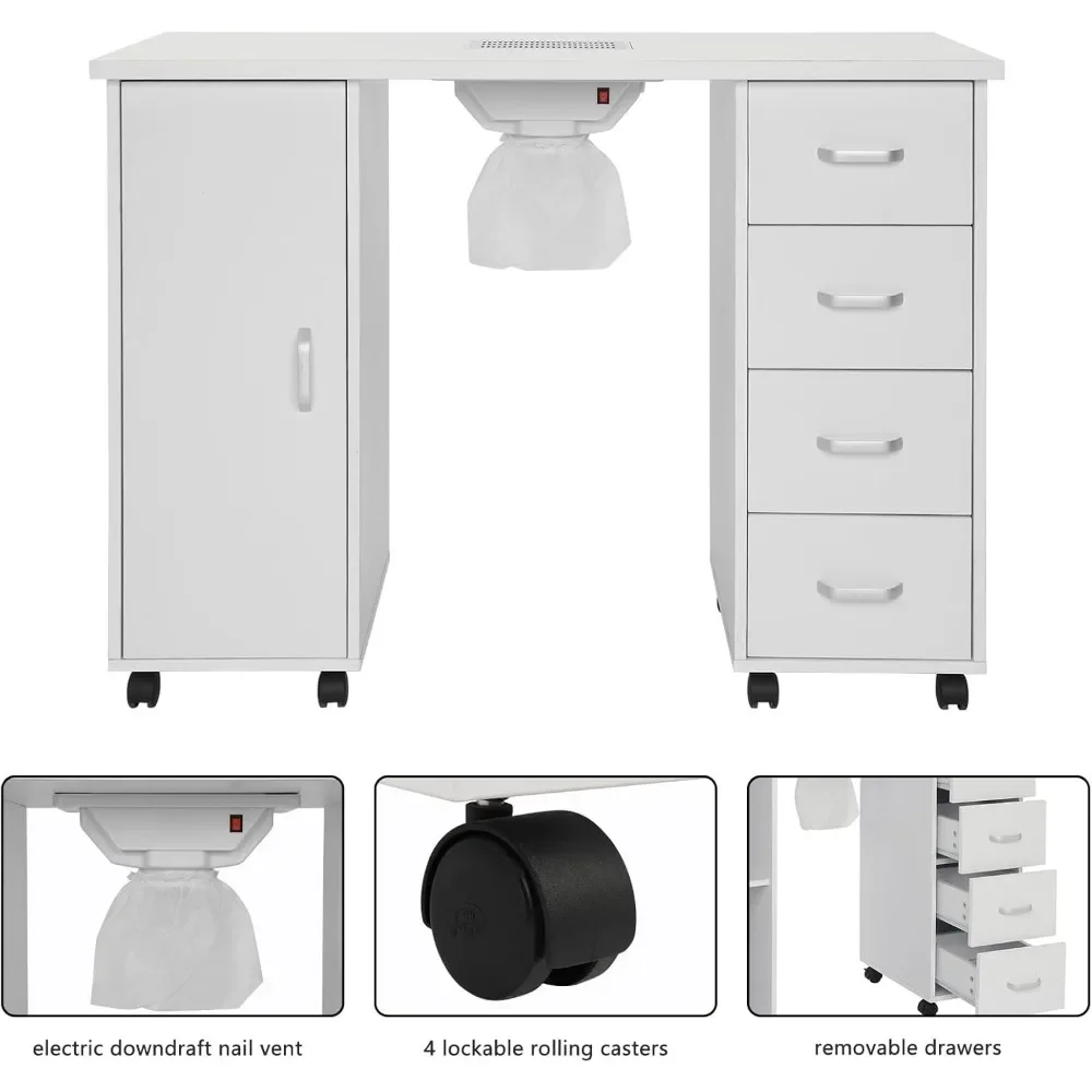 Manicure Nail Table Station with Electric Downdraft Vent, Locking Castors, 2 Layers Storage Cabinet, 4 Drawers, Nail Table