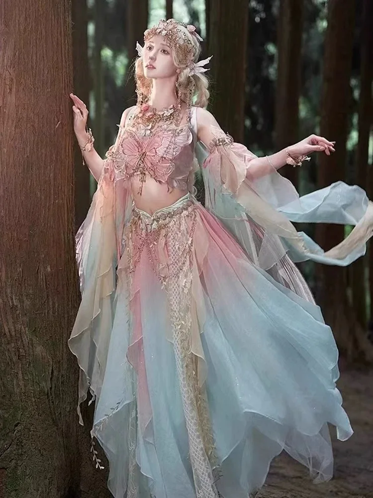 Vestido borboleta hanfu elfo estilo exótico vestido terno região ocidental vestido de princesa roupas para meninas vestido han traje de elfo da selva