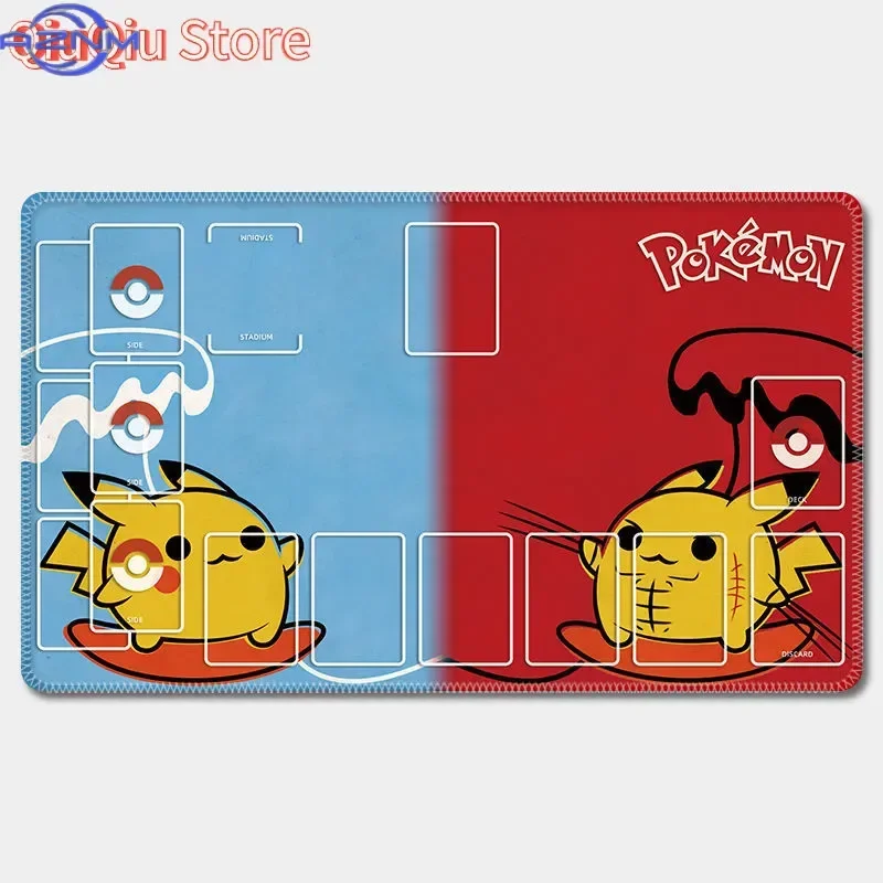 Red Blue Split Pikachu Pokemon Playmat Mouse Pad, PTCG Trading Card Game Battle Mat with Card Zones