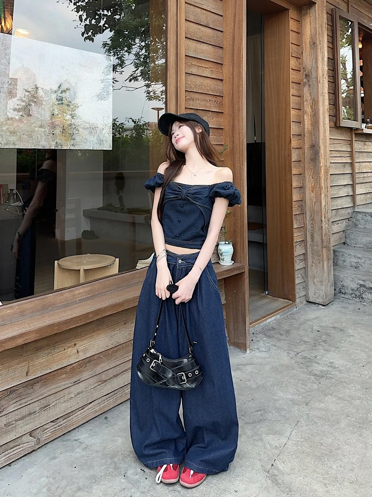 

Джинсовая рубашка в стиле ретро с трехмерным бантом, топ, высококачественные широкие брюки, женские летние 2021, новый модный повседневный комплект