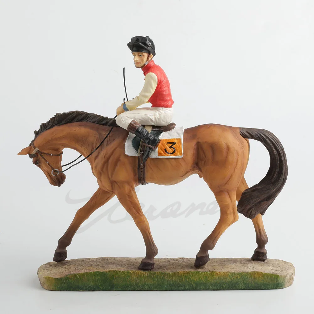 Vintage Resin Jockey on Galloping Horse Statue Realistic Equestrian Craft Tabletop Ornament  Home & Office Decoration Gift