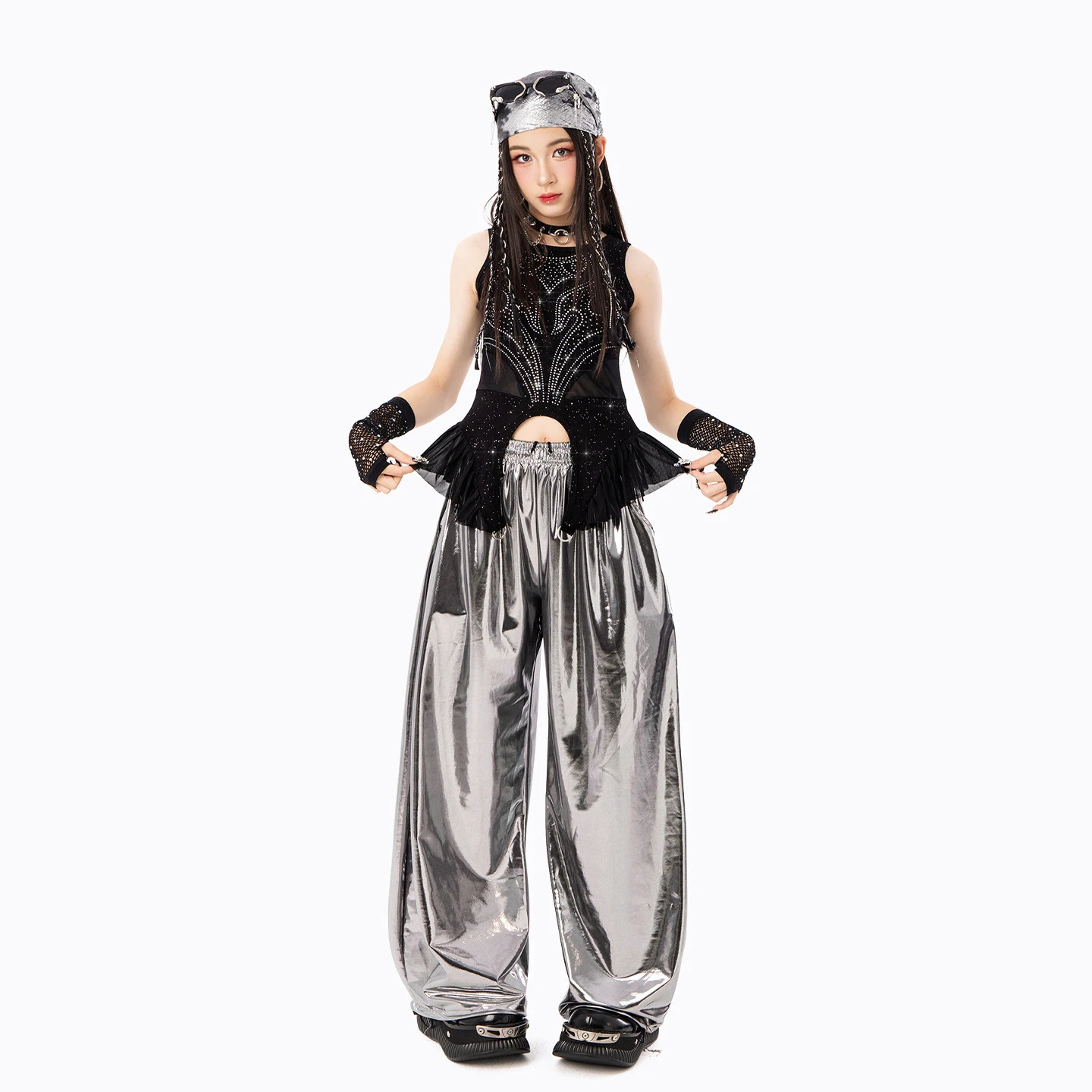 Girls Jazz Dance Costumes For Kids Black Vest Sliver Pants Street Dance Wear Ballroom Hip Hop Dance Performance Clothes XH5055