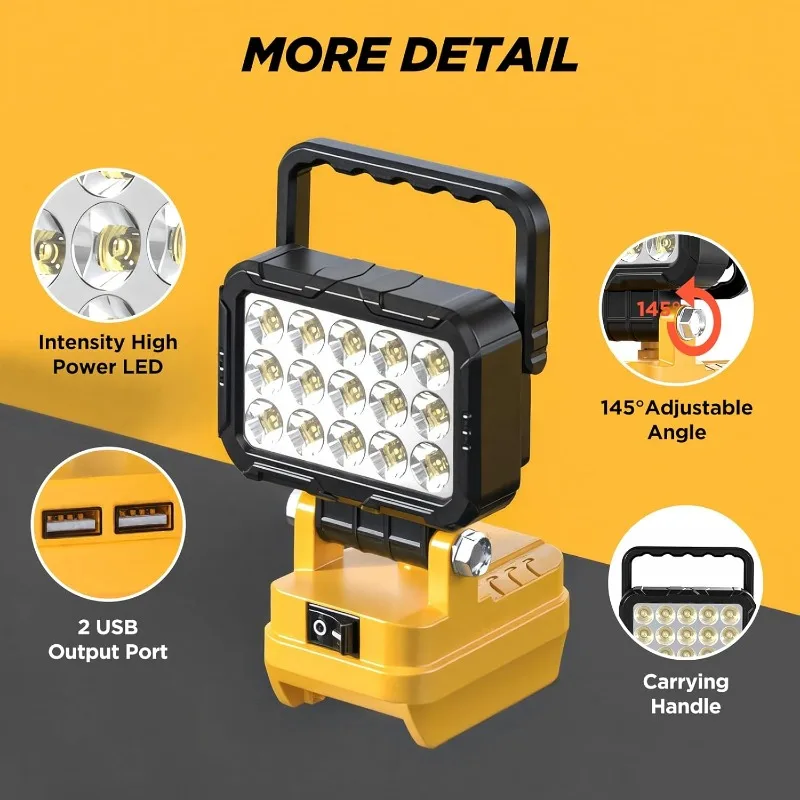 6000 لومن LED ضوء العمل لبطارية ديوالت/ماكيتا/ميلووكي 18 فولت 20 فولت كشاف ضوء لاسلكي مع منافذ USB مزدوجة مصباح يدوي خارجي