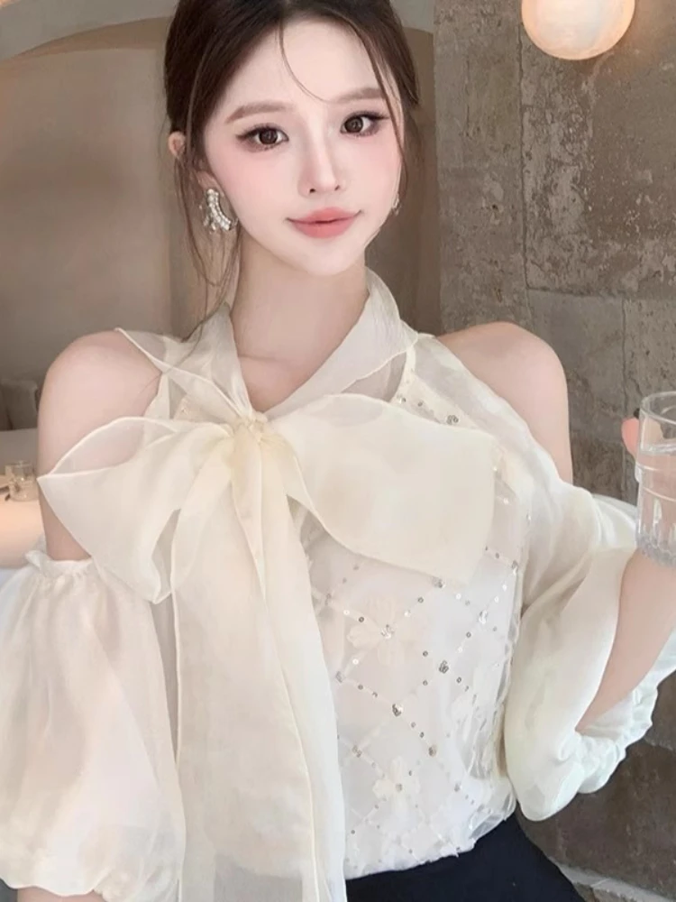 

French High-Quality Bow Shirt Women's Summer Lantern Sleeve Blouse Sexy Shoulder Sequin Stitching Slim Casual Joker Tops Ladies