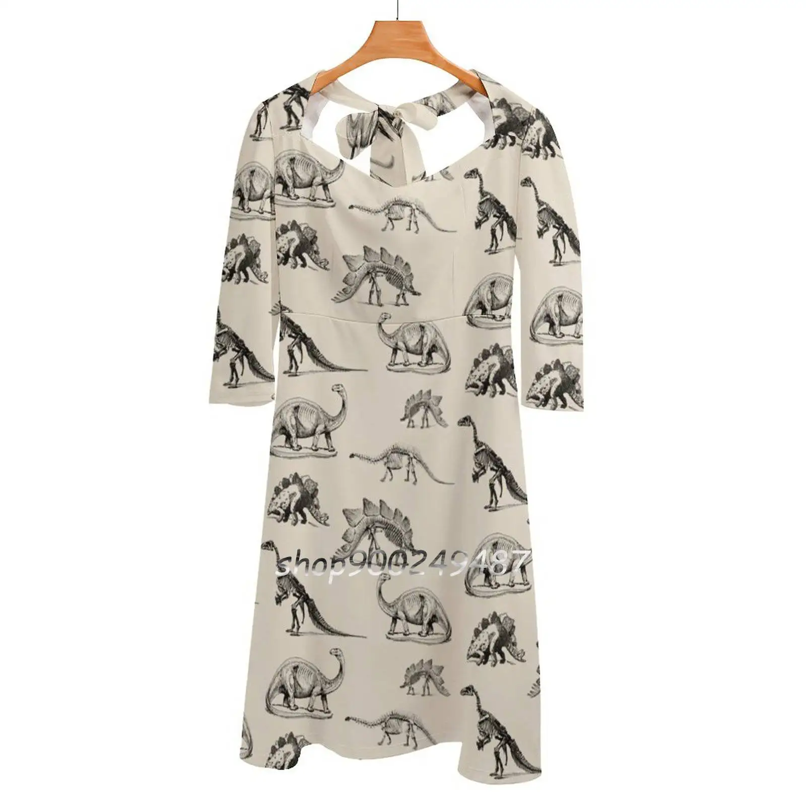 Vintage Museum Dinosaur Skeleton Illustrations , Black & Flare Dress Square Neck Dress Elegant Female Fashion Printed Dress