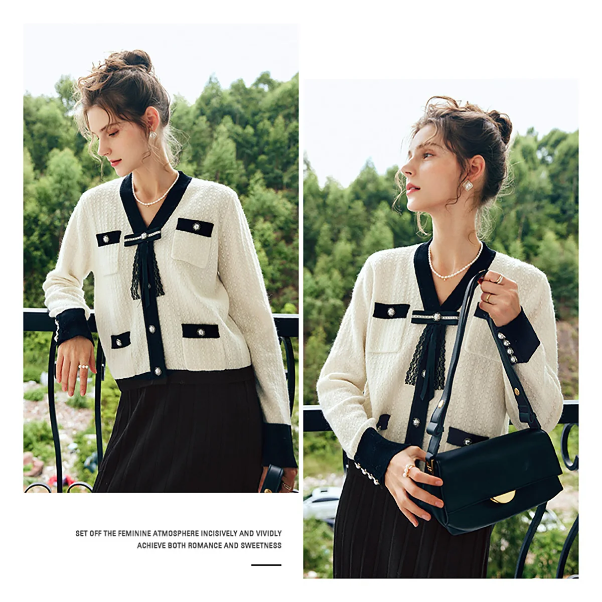 

OLrain Elegant Women Cardigans 2025 Autumn French Bow Knitted Jackets Contrast V-neck Long Sleeve Tops for Woman O22QM63386