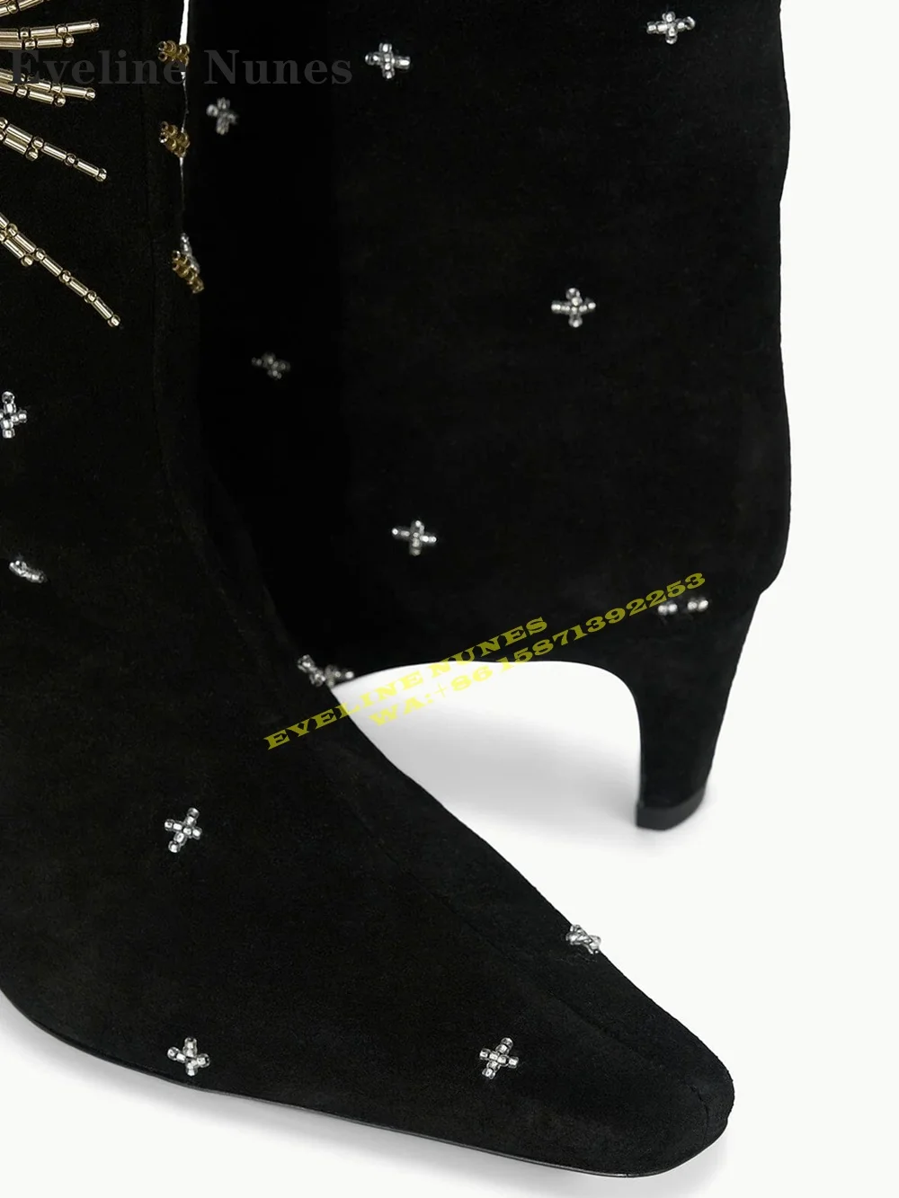 Sunflower Shape Rhinestone Black Knee-High Boots Square Toe Blade Heel Splicing Plus Size Women Modern Boots 2024 Winter Newest