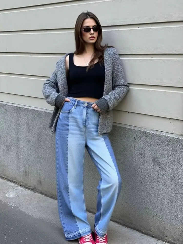 

HH винтажные широкие джинсы для женщин, осенняя мода, повседневные брюки с высокой талией и карманами, уличные универсальные прямые джинсовые брюки