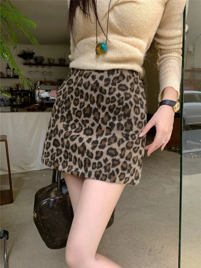 ハイウエスト A ライン スカート レディース ウール チェック柄 痩身 ヒョウ柄 秋冬 通勤 ファッション 韓国 スカート