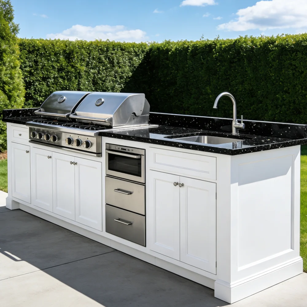 Luxury Outdoor Kitchen Island Set with Built-in Gas BBQ Grill, Pizza Oven & Storage Drawers Prefabricated Patio Cooking Station