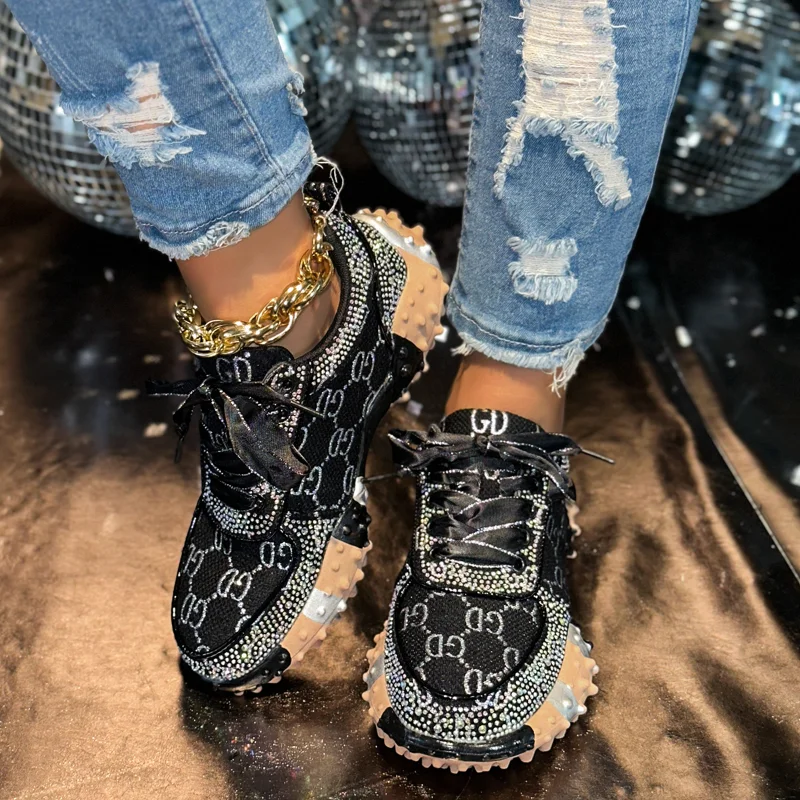 2026 Autumn Water Diamond Thick Bottom Shining Crystal Sports Shoes Luxury Designer Shoes Trendy Casual Shoes Zapatillas Mujer