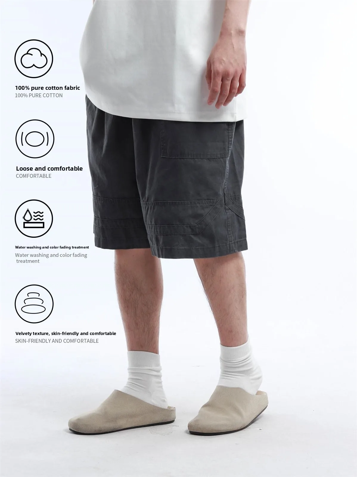 Retro Japanese Style Pure Cotton Shorts for Men And Women Loose Elastic Waist Washed Casual Short Pants Knee-Length Summer ...