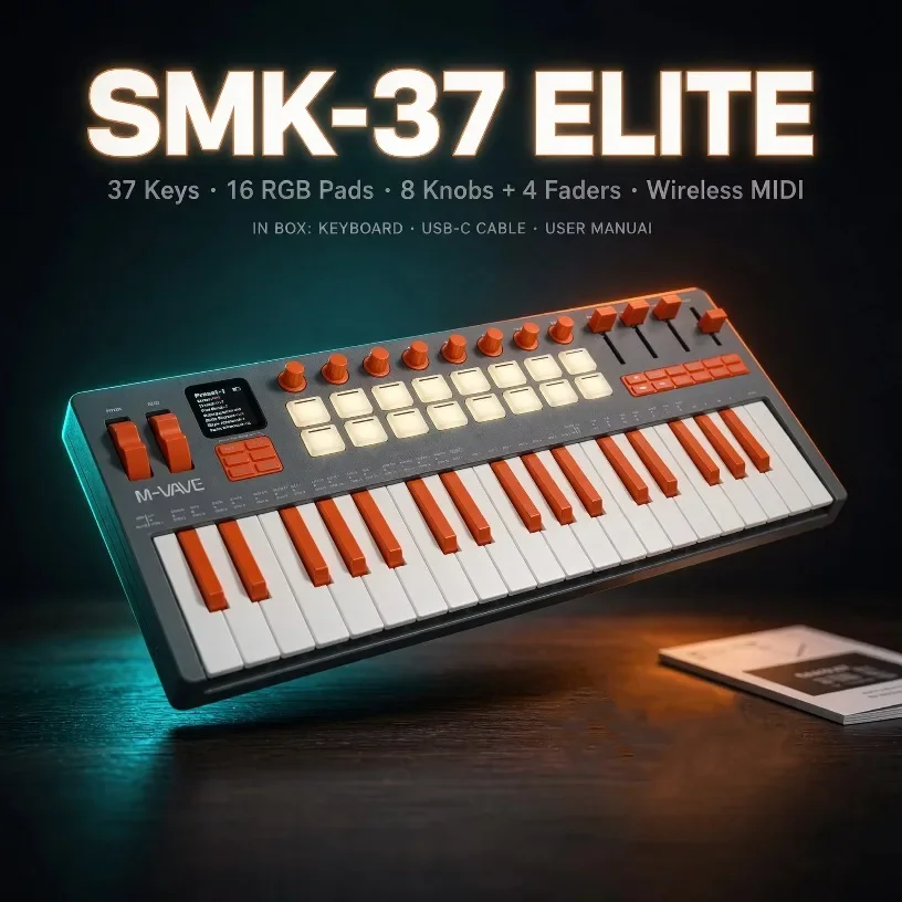 M-VAVE SMK-37 Wireless MIDI Synth Controller 37 Velocity Keys Pitch Mod Strip 16 RGB Pads Bluetooth Portable Music Producer
