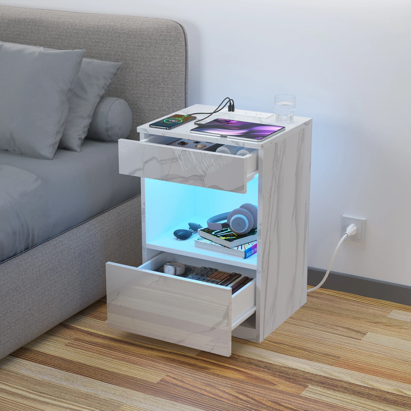 

Smart Side Bed Table With 2 Drawer 16 LED Lights Nightstands Modern Furniture Home Cabinet Storage Cabinet Storage USB Charging