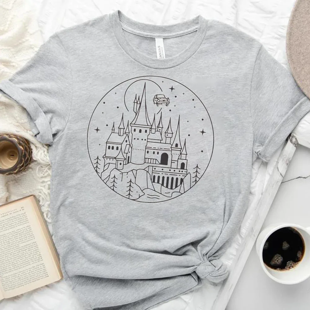 Magical Wizard Castle T Shirts for Women Clothing Universal Vacation Shirt Flying Car Wizard Wand Witchy Witchcraft and Wizardry