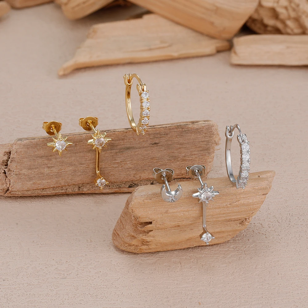 3PCS Achtzackigen Stern Funkelnden Zirkon Ohrringe Set Für Frauen Koreanische Trendy Gold Überzogene Ohr Stud Mädchen Hochzeit schmuck