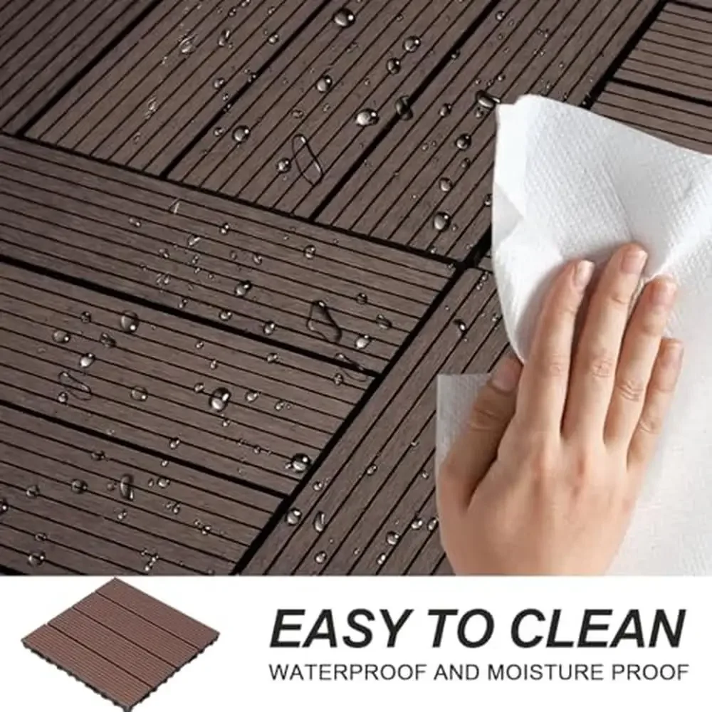 Interlocking Wood Patio Flooring Tiles Set of 20 All Weather Waterproof Deck Tiles Easy DIY Installation Eco-Friendly Composite