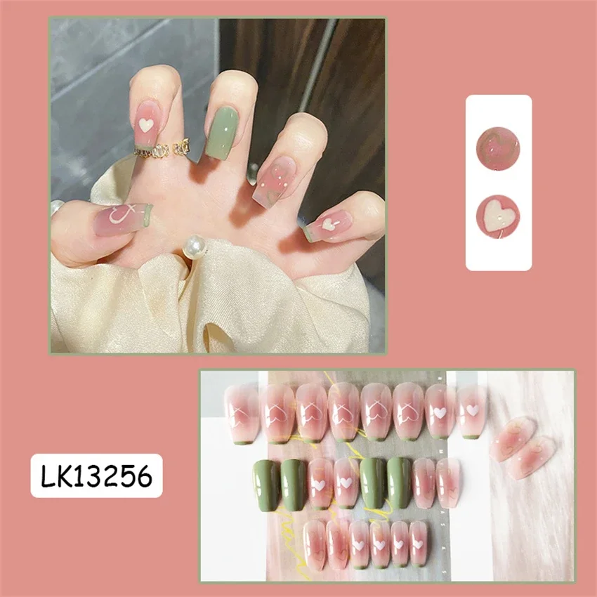 24Ps/Set Pink Green Colour Matching Removable Wearing False Nails Full Cover Adhesive Acrylic Fake Nails Art Short Press on Nail