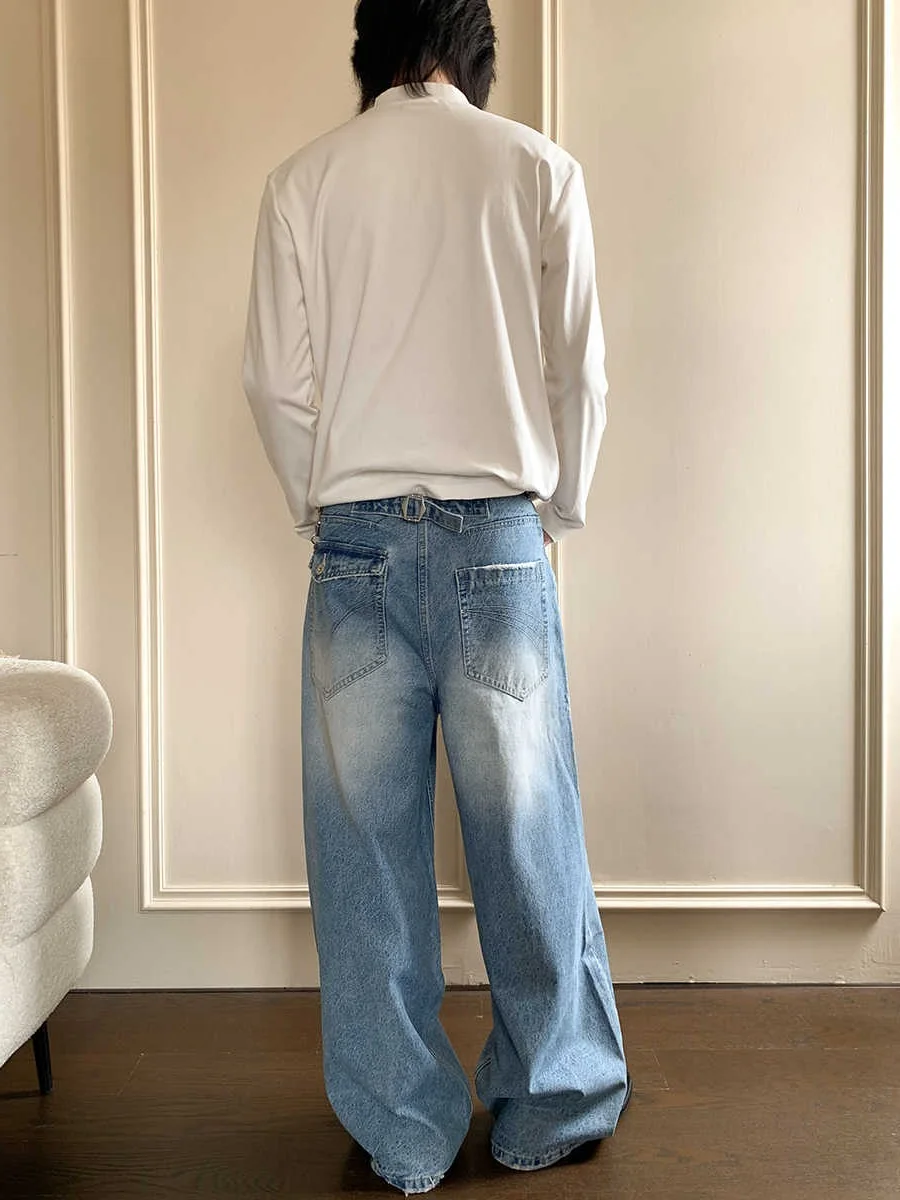 

Retro American Waed Blue Must Paris Button Design Casual Loose Straight Leg Jeans Spring Autumn Leisure Loose Long Pants