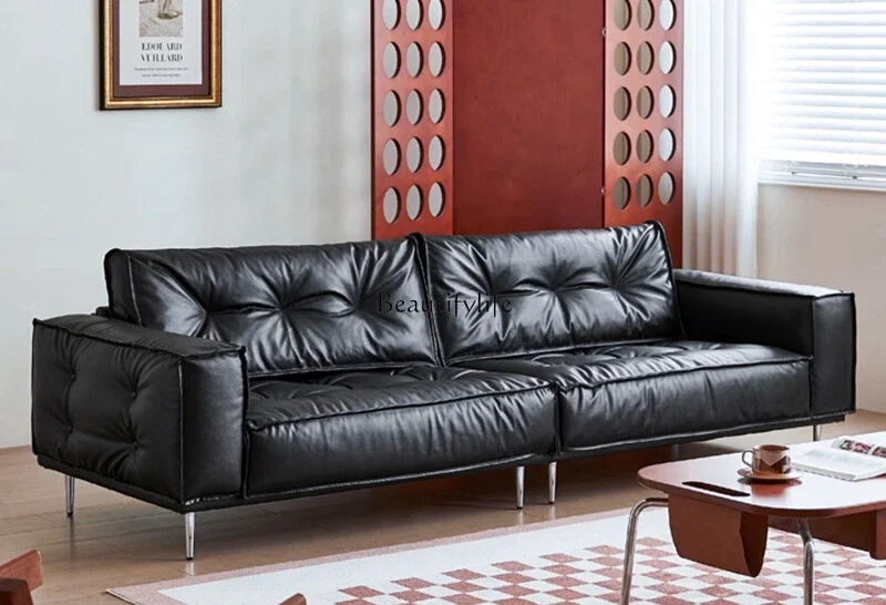 French black retro oil wax leather leather sofa medieval down tofu cubes