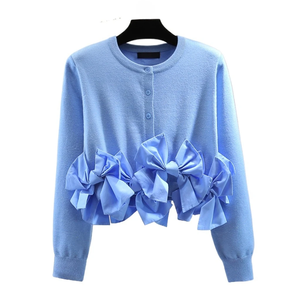 Cardigan lavorato a maglia a maniche lunghe con scollo tondo con fiocco resistente, cappotto maglione blu corto a vita alta dimagrante stile coreano autunno 2025