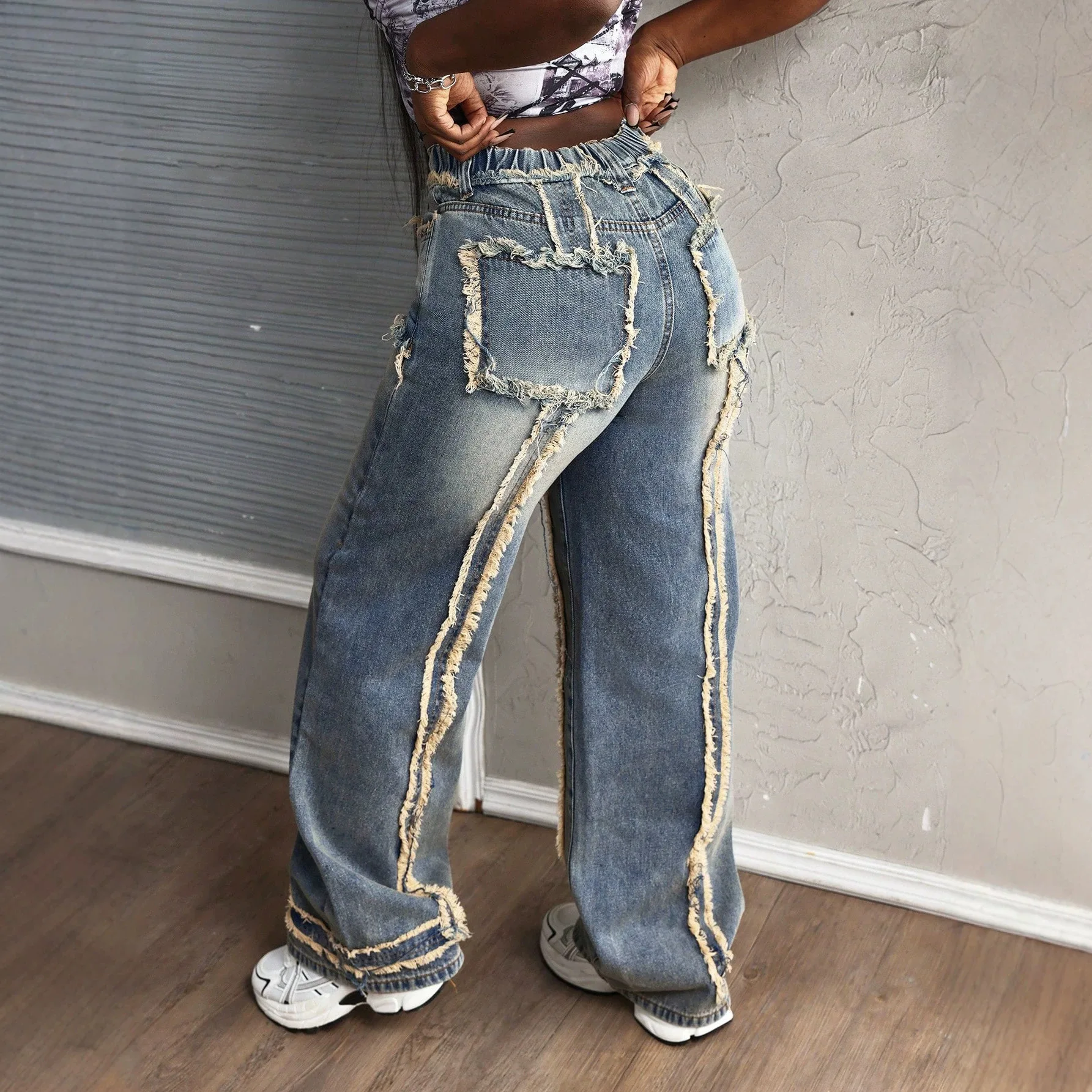Women's Jeans Are Specially Designed For Retro Washed And Spliced Rough Edge Wide-leg Jeans. Women's High-waisted Elastic Floor-