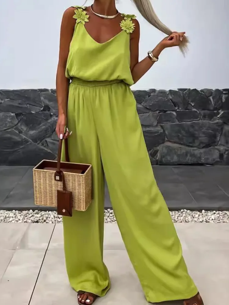 

Casual V Neck Jumpsuit For Women Fashion Sleeveless High Waist Wide Leg Pants Jumpsuits Lady Summer Holiday Womens Clothing New
