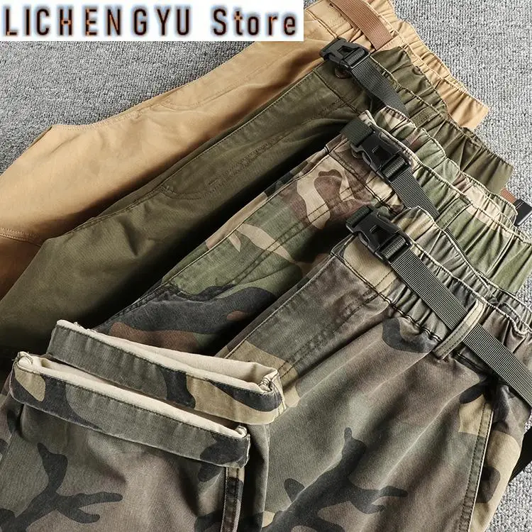 ฤดูใบไม้ร่วงใหม่อเมริกัน Retro ทอ Camouflage กางเกงผู้ชายผ้าฝ้ายล้างเอวยางยืดหลวมสบายๆตรงกางเกง