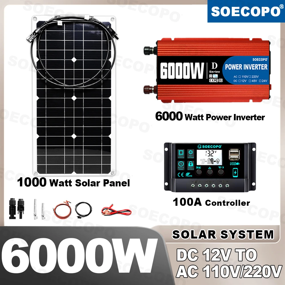 6000W Peak Solar System Kit  12V To 110V 220V Inverter Rade 650W 100A Controller Complete for Home RV Fan TV Lights Charge Phone