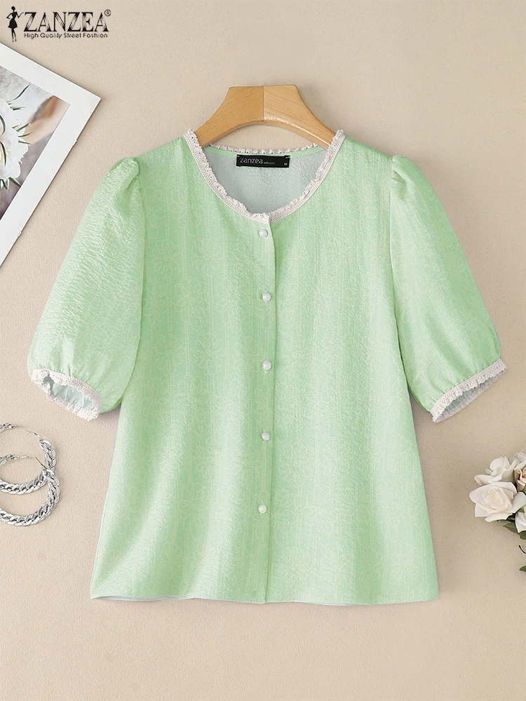 

ZANZEA Summer Women Lace Tops Fashion Shirts 2025 Short Sleeve Tunic Blouse Casual Loose Solid Color Puff Sleeve Sweet Blusas