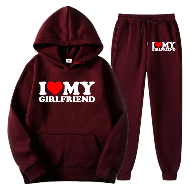 New I LOVE MY GIRLFRIEND Print Men Women Tracksuit Hoodies Thick Pullover and Long Pant Set Men Autumn Fleece Jogger Sports Suit