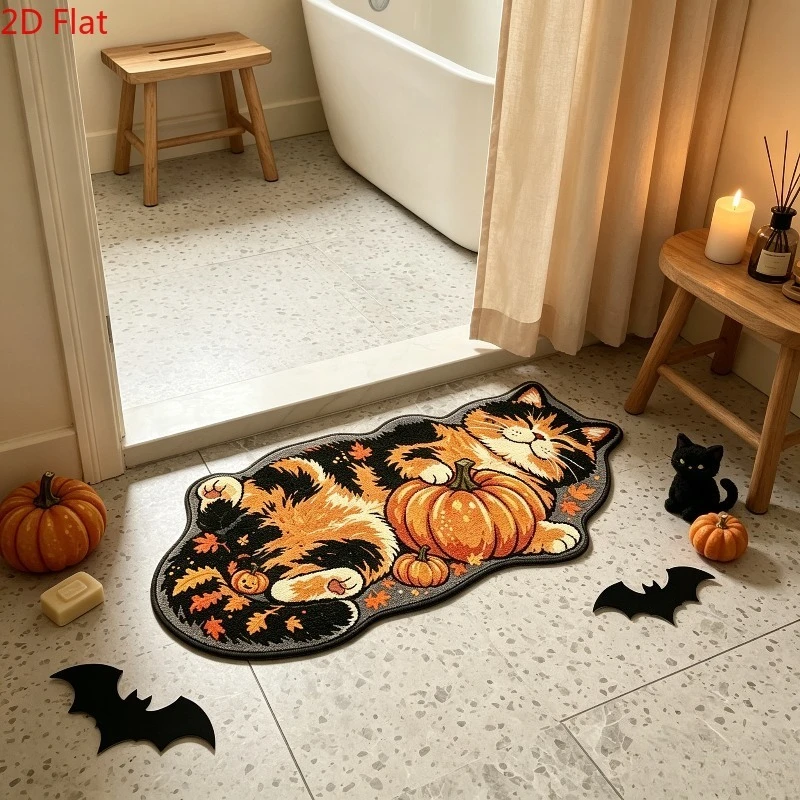 VIKAMA Thanksgiving Maple Leaf Cat Pumpkin Rug Non Slip Floor Mat for Living Room Bedroom Fall Home Decor Washable Carpet