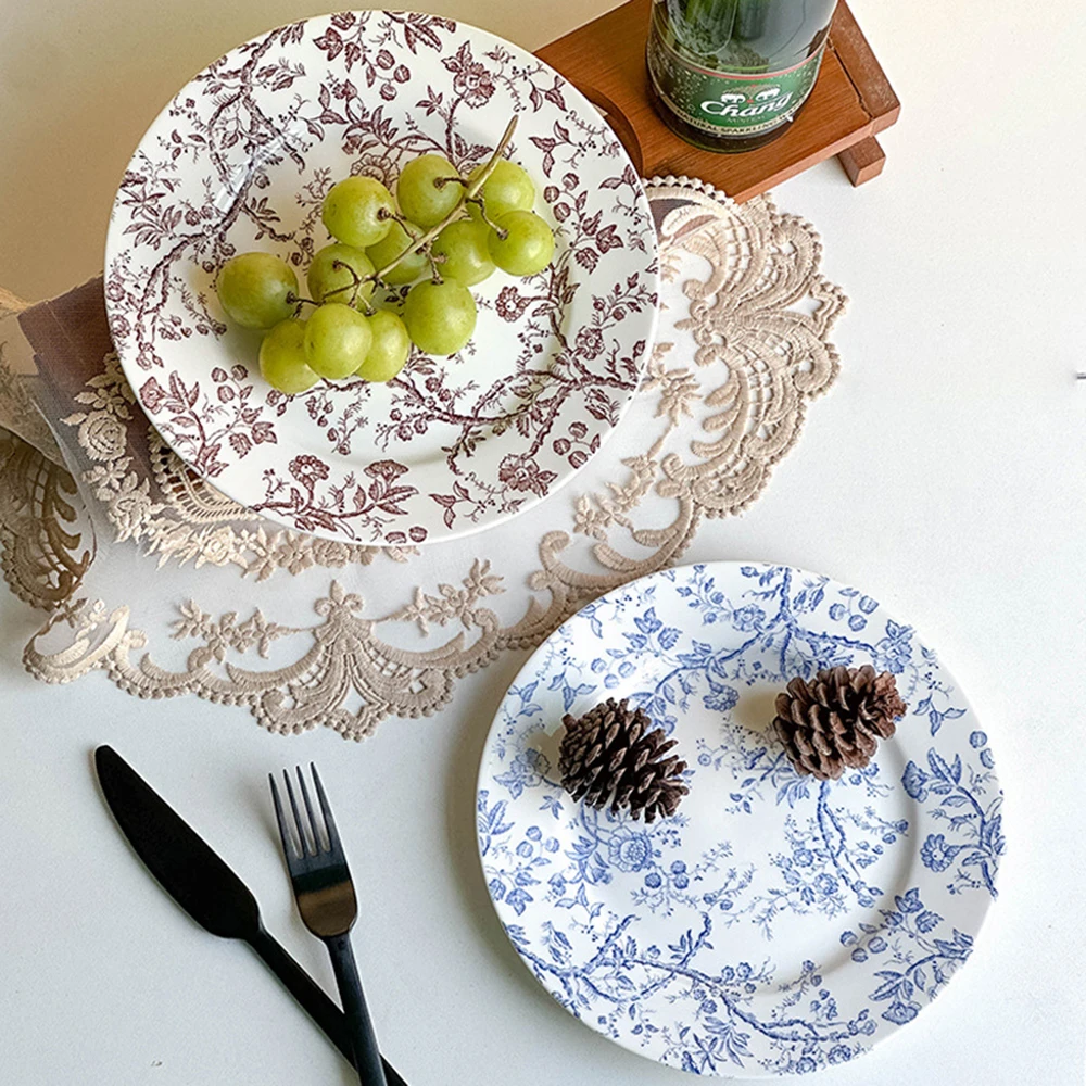 Overglaze Color Ceramic Plate Floral Print Tableware Two Tone Dining Set French Style Retro Design For Home Serving