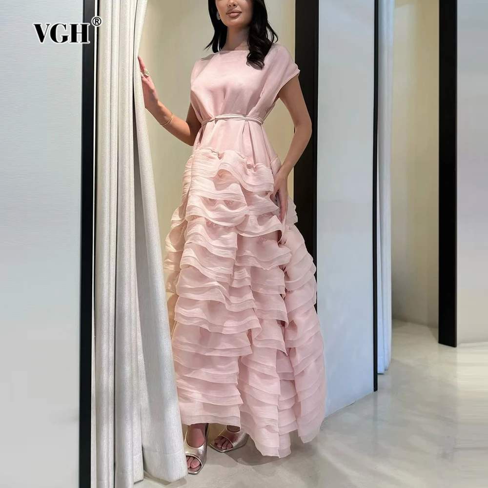 VGH Elegante Gesplitste Tiered Ruches Jurk voor Vrouwen O Hals Mouwloos Patchwork Lace Up Slanke Formele Avond Bladerdeeg Jurken Vrouwelijke