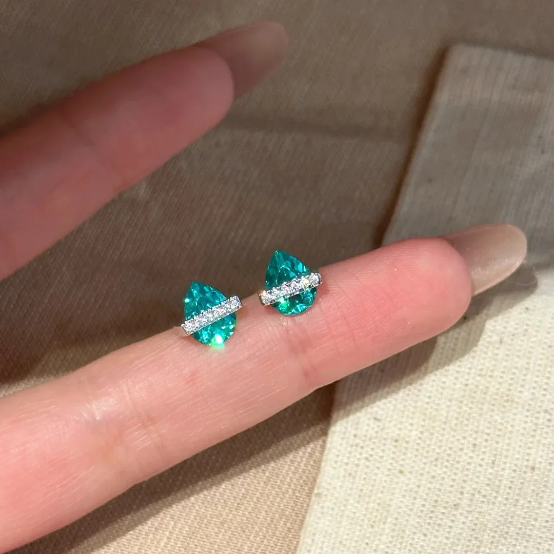 Image of Exquisite blaue und grüne tropfenförmige kleine Diamant-Ohrstecker aus 925er Silber für Damen, Modeschmuck, Geschenk