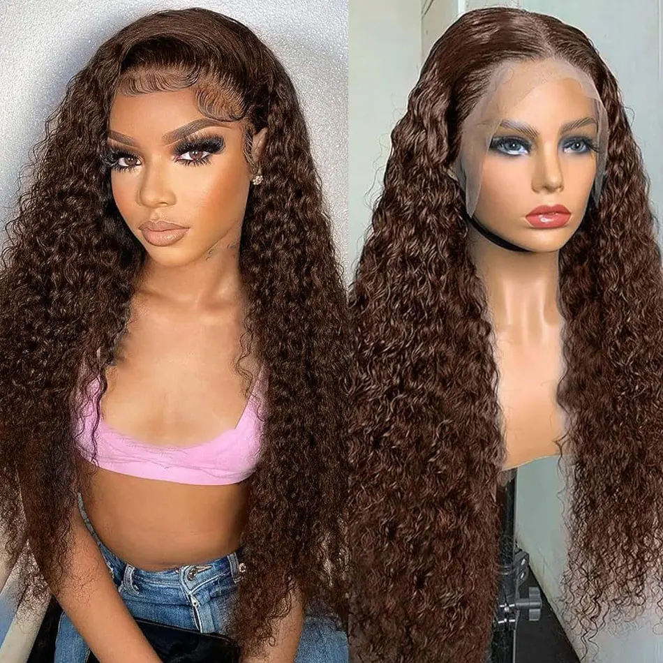 

Deep Wave Chocolate Brown Human Hair Wig 13x6 Hd Lace Front Wig 200% Density Water Wave Curly #4 Brown Human Hair Wig 16-38 inch