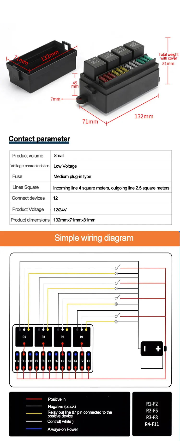 12V Vorverdrahteter Sicherungsrelaiskasten mit 4 Relais 12-Wege ATC/ATO Sicherungen Versiegeltes Design für Auto, Boot und Marine – Detail 1
