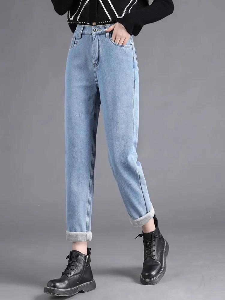 Fleece-lined Thickened Elastic Waist Harlan Jeans Women 2024 New Winter High Waist Small Capri Daddy Pants