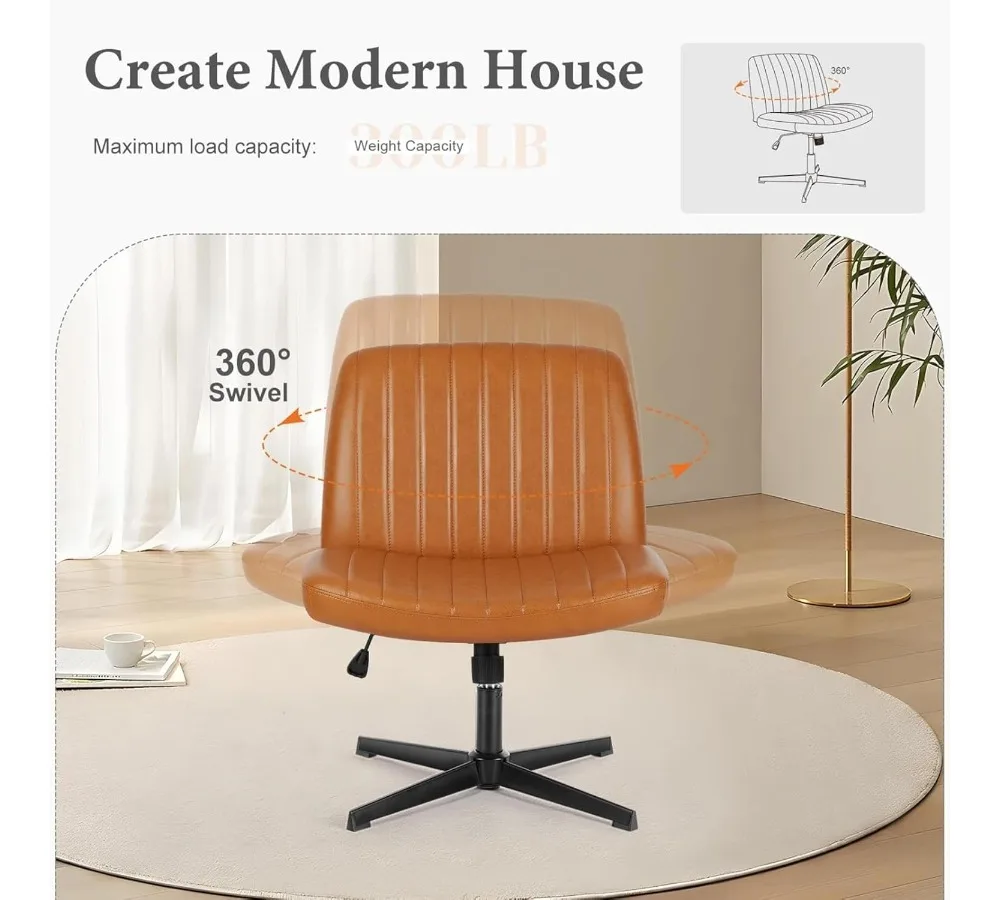 كرسي مكتب حديث بدون ذراعين مع 360 درجة °   دوار وارتفاع قابل للتعديل، مقاعد مهام من قماش جلد البولي يوريثان للمكتب المنزلي - بني