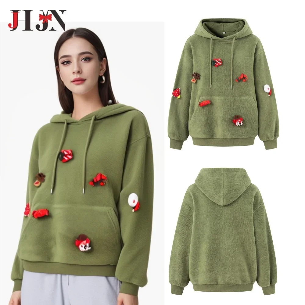 JHJN Autumn Hoodies For Women Green Outerwear Christmas Doll Sweatshirt Loose Long Sleeves Pullovers 2025 Fashion Casual Coat