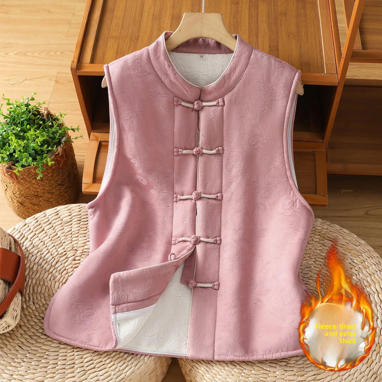

Handmade Embroidered Thiened Fce without Sve Vest New Chinese Sle Pure Color Top Button Closure ort Length